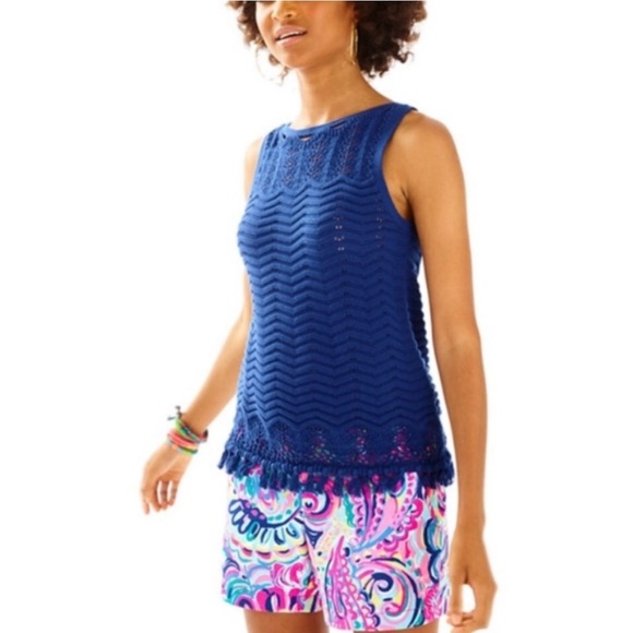 Lilly Pulitzer Tops - Lilly Pulitzer Blue Brooklin Fringe Sweater Tank size small NWT